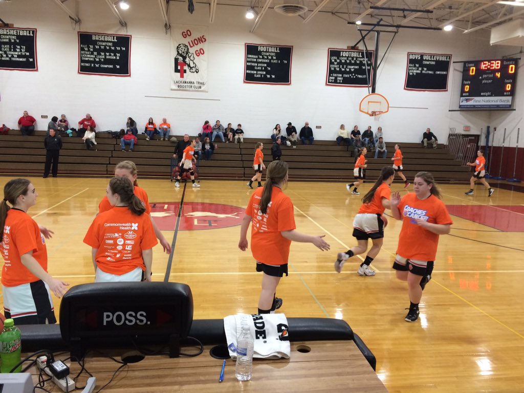 rtomkavage's tweet photo. The Lackawanna Trail girls basketball teams is wearing orange Coaches vs. Cancer T-shirts during warmups. #nepacvc https://t.co/Iza2U7YA4s