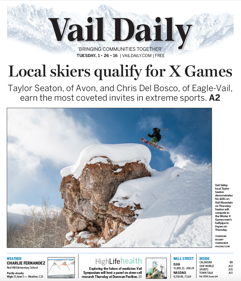 VailDaily's tweet photo. Tomorrow's cover: Local skiers qualify for X Games. @taylorseaton and Chris Del Bosco earn coveted invites. https://t.co/keRHWff2go