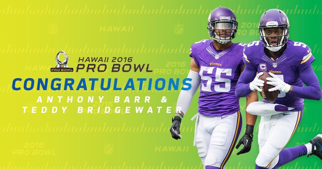 MNSportsNet's tweet photo. Congratulations to Teddy Bridgewater and Anthony Barr for being added to the Pro Bowl in Hawaii! #Skol https://t.co/X26WfLNTYt