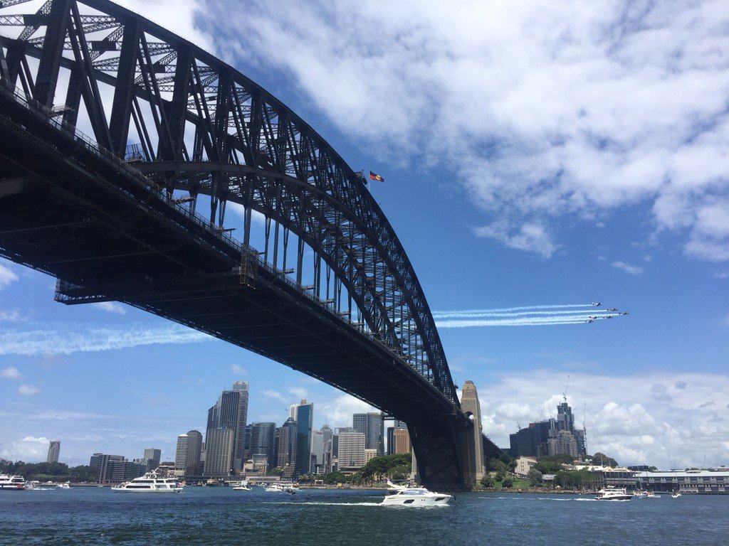 abcsydney's tweet image. The Aboriginal flag on the Harbour Bridge and a fly over #AustraliaDay #ozdayABC