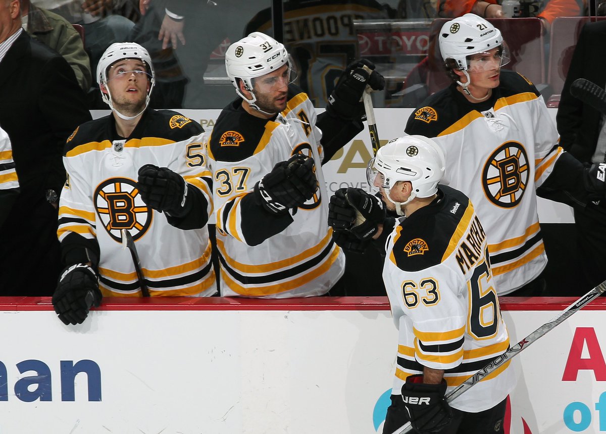 NHLBruins's tweet photo. End of the 2nd. #NHLBruins 2, Flyers 1. Boston goals from Marchand &amp; Bergeron. SOG 23-22 Flyers overall. https://t.co/10Of347wRO