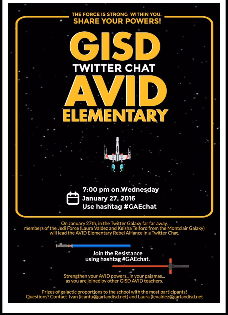 AVIDGISD's tweet image. Q1: What's happening this WEDNESDAY @ 7pm? 
A1: GISD AVID Elem Twitter Chat. Use #GAEchat &amp;amp; Pls Retweet #avidgisd