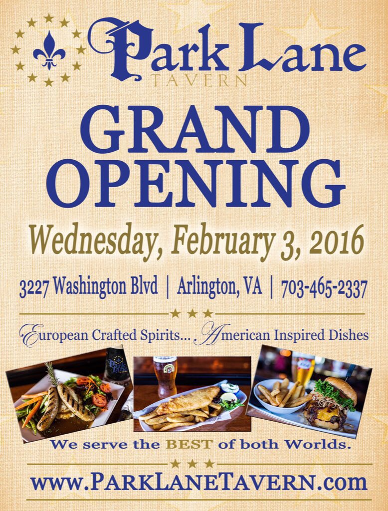 Park Lane Tavern is proud to announce the Grand Opening of their 3rd location in Arlington, VA!  Wednesday Feb 3rd