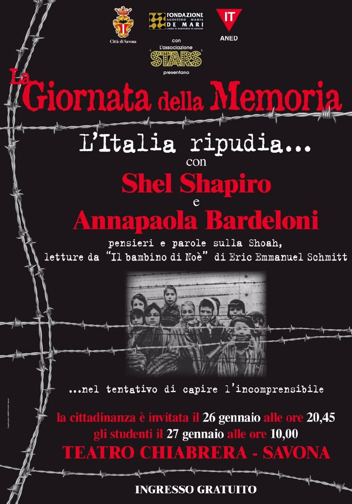 L'Italia ripudia... // Oggi 20.45 al Chiabrera <a href="/ShelShapiro/">Shel Shapiro</a> per #giornatadellamemoria 
Info: goo.gl/ELo1hV