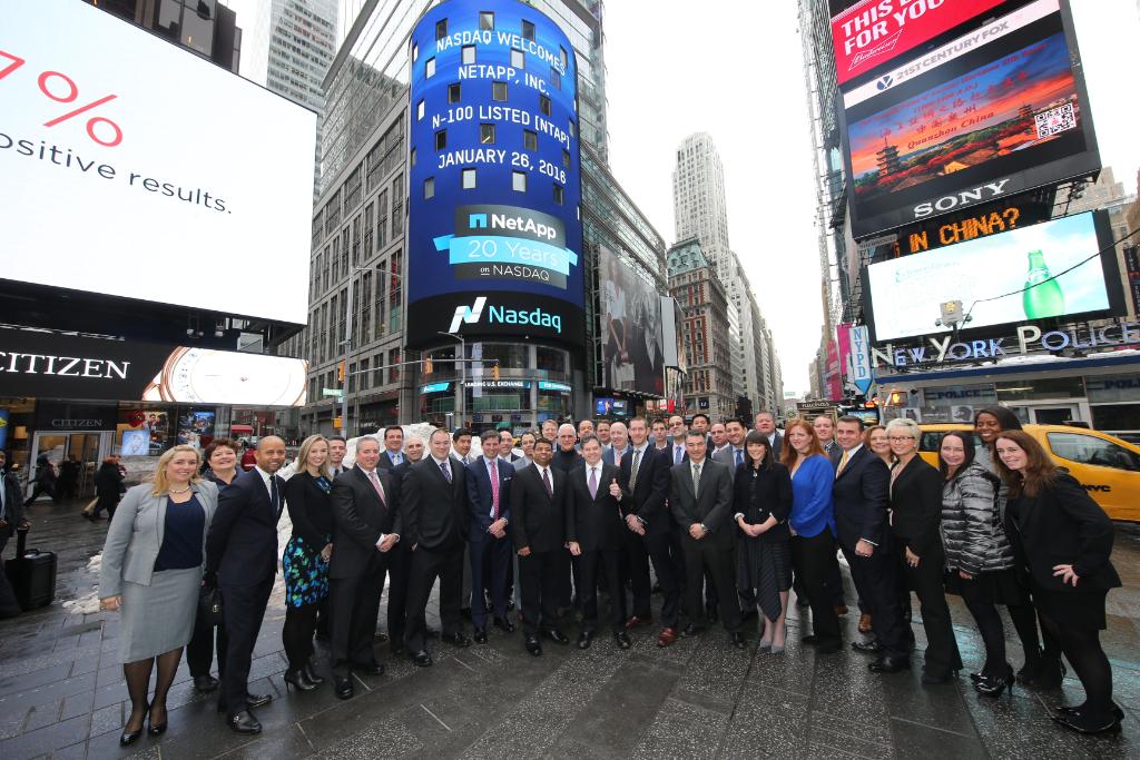 NasdaqExchange's tweet photo. .@NetApp and @TomMendozaTalks ringing the Opening Bell in celebration of 20 Years on @Nasdaq #NetApp20 $NTAP https://t.co/WcNMRf6qk5
