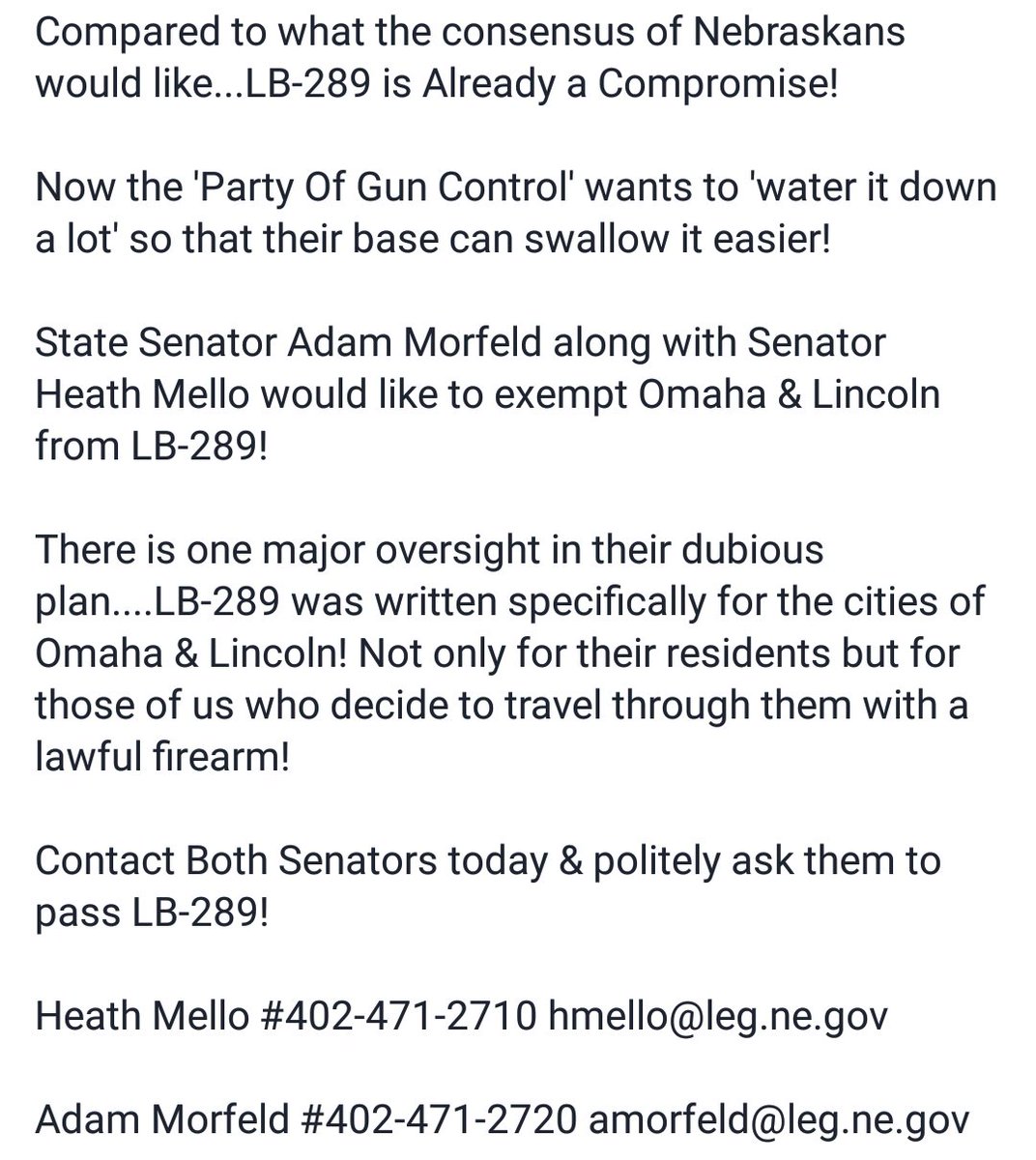 NFOA_Official's tweet photo. Remind your Senators that exempting #Lincoln &amp; #Omaha is NOT acceptable! Support LB289! #OneStateOneStandard https://t.co/G4CT4DzFOI