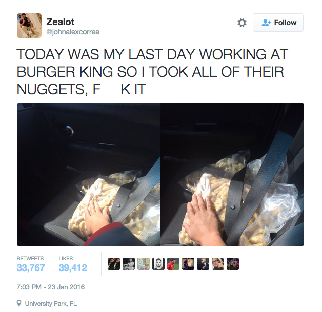 indy100's tweet photo. After quitting his job at Burger King, this man 'stole all the chicken nuggets' https://t.co/UsAWYUrOcn https://t.co/7g5zqZewgE