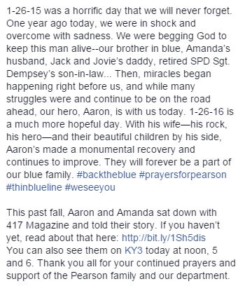 SGFPolice's tweet photo. One year ago today, we were in shock and overcome with sadness. 1-26-16, is a more hopeful day.#prayersforpearson https://t.co/uR9xcuDfoP