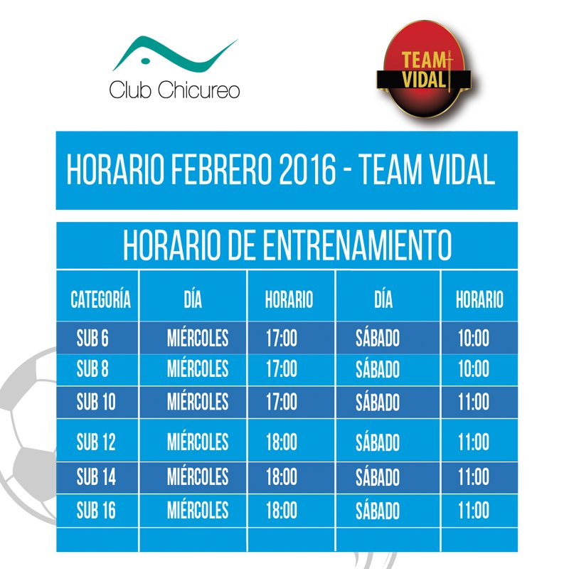 Club_Chicureo's tweet photo. Buenos días se informa horario de Verano Mes de Febrero - Fútbol Team Vidal #ClubChicureo https://t.co/Tx0mCQuzsB