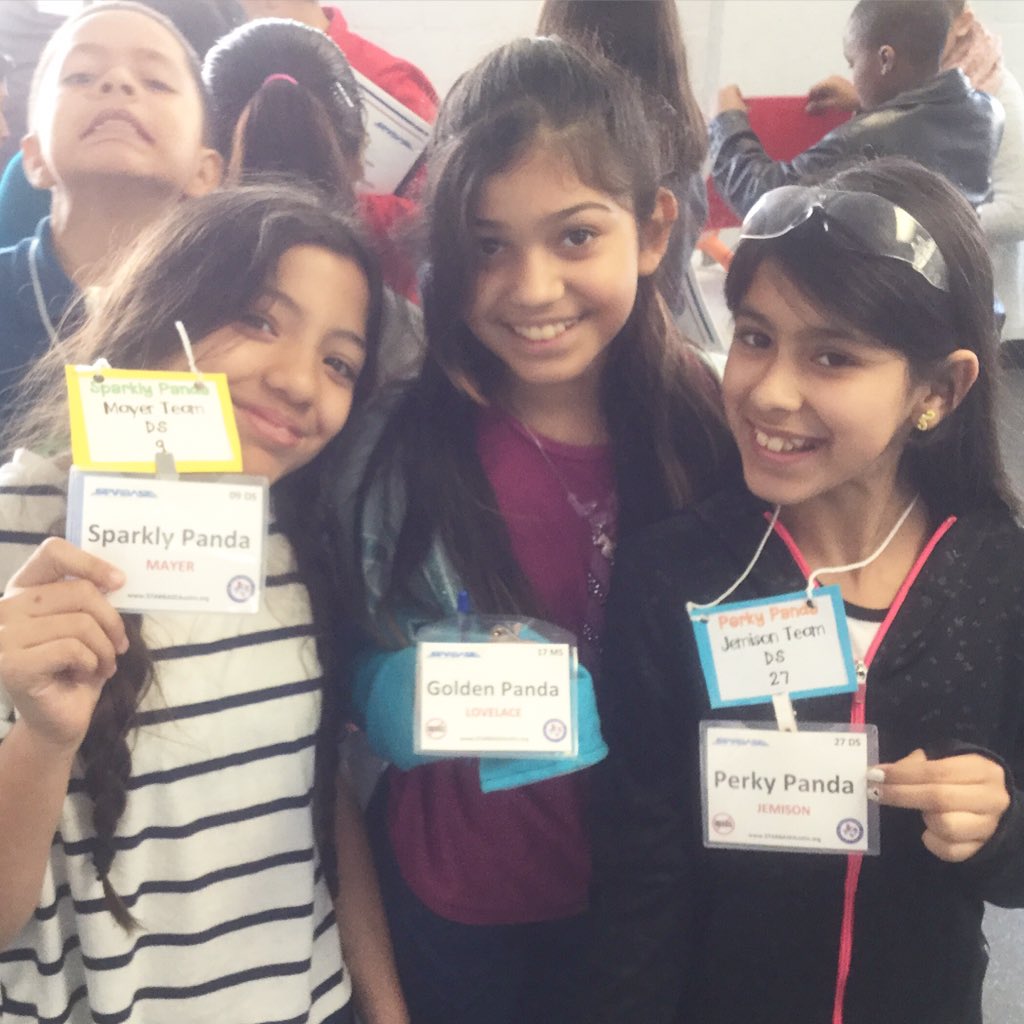 STARBASEAustin's tweet photo. The #Panda girls from #GilbertElementary show off their matching name badges. #Photobomb #STEM https://t.co/ICZkXRtFqB