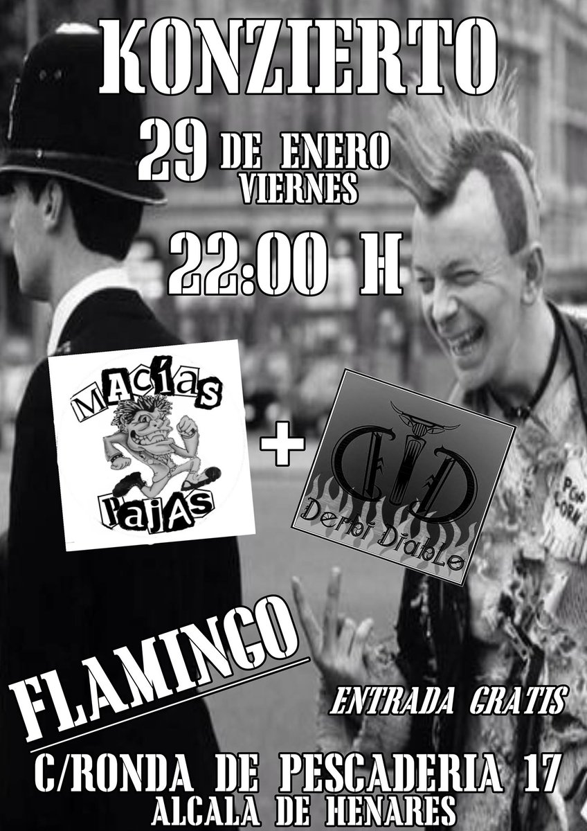flamingobarock's tweet photo. Concierto de #punk MACIAS PAJAS + DERBI DIABLO  día 29, entrada gratuita #AlcaládeHenares @aemusica @RUAH_Radio https://t.co/lmlal8pk1A