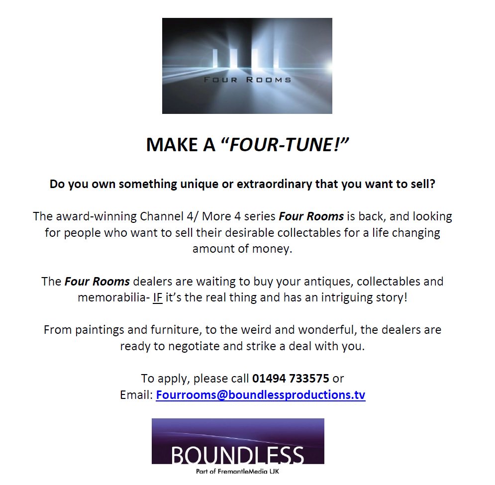 C4FourRooms's tweet photo. @DenbighshireCC We're looking for members of the public with rare and unusual items to sell on Four Rooms - Pls RT https://t.co/unkFZX7b1Y