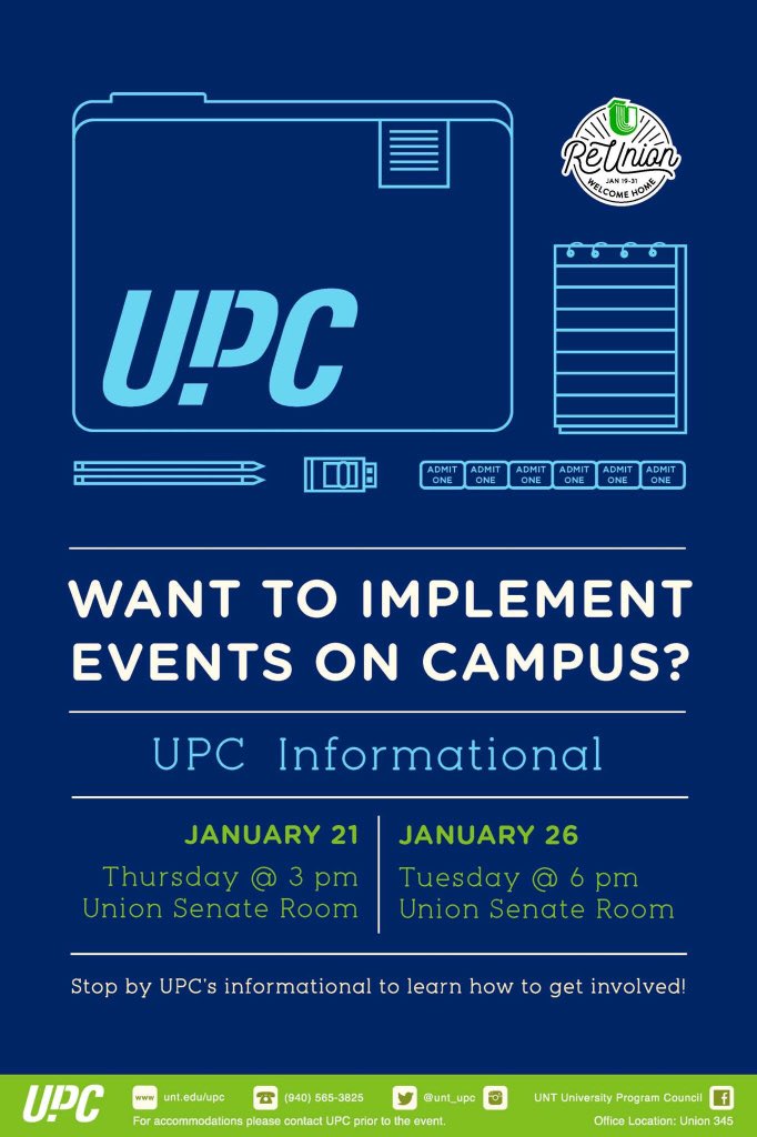 UNT_UPC's tweet photo. Today is the last informational! It's in Union 332 at 6pm! Don't be late! #UNT #UNTReUnion https://t.co/AjTFLUg7lL