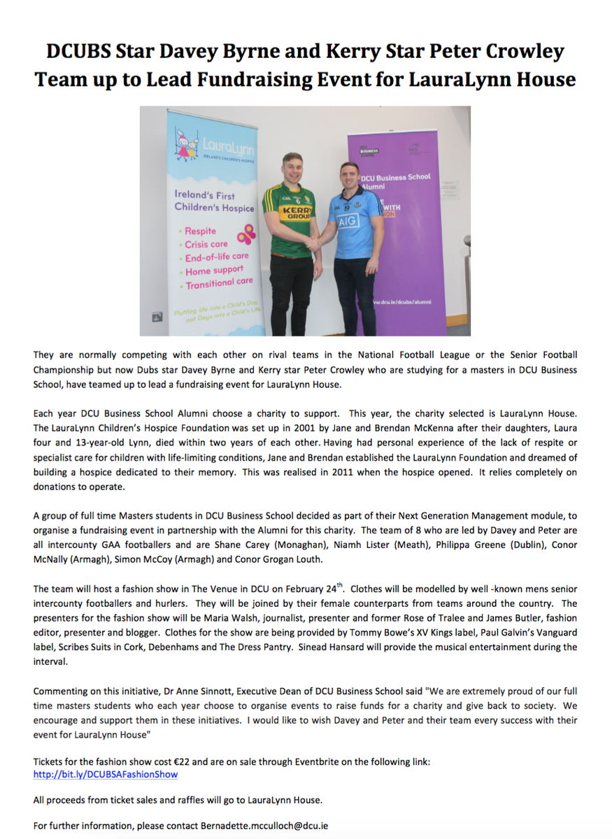 Get tickets to the <a href="/LauraLynnHouse/">LauraLynn, Ireland's Children's Hospice</a> Fashion Show with <a href="/JamesPatrice/">James Patrice</a> &amp; @MariaWalshbiz here 😃: bit.ly/DCUBSAFashionS…