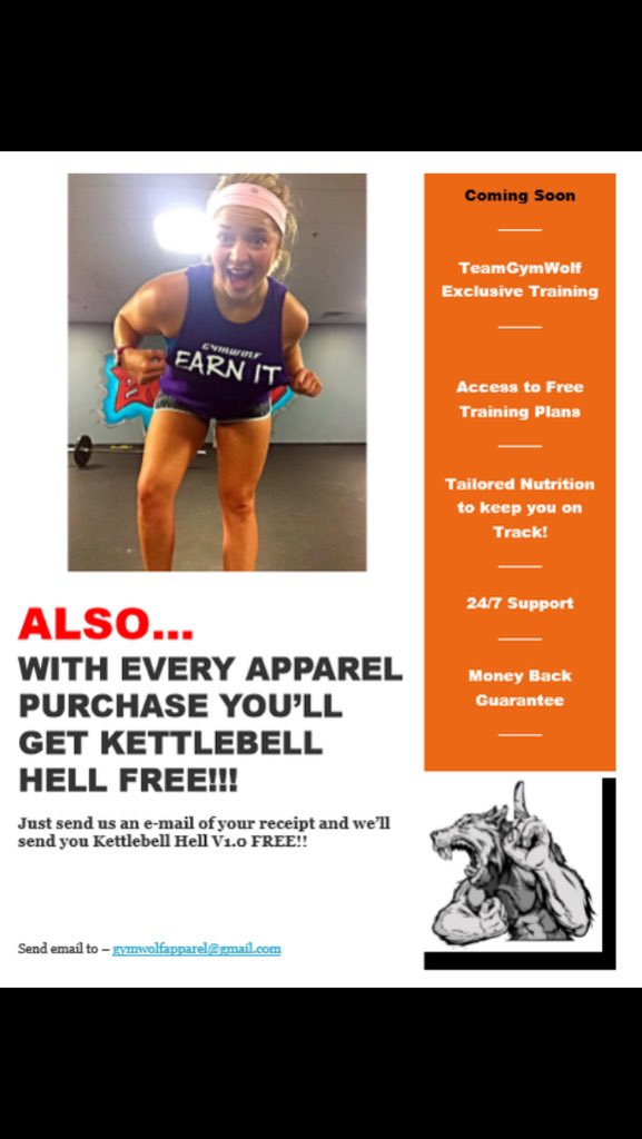 GymWolfTraining's tweet photo. Remember guys every #GymWolf item of clothing you buy! #Kettlebellhell is FREE! #teamgymwolf #fitfam #Apparel https://t.co/7XTisOecgA