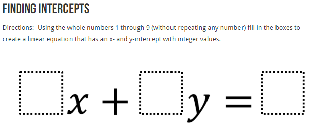 A new problem from <a href="/mashmatics/">Jeffrey Mashbitz</a> on finding the intercepts of linear equations openmiddle.com/finding-interc… #F-IF.4