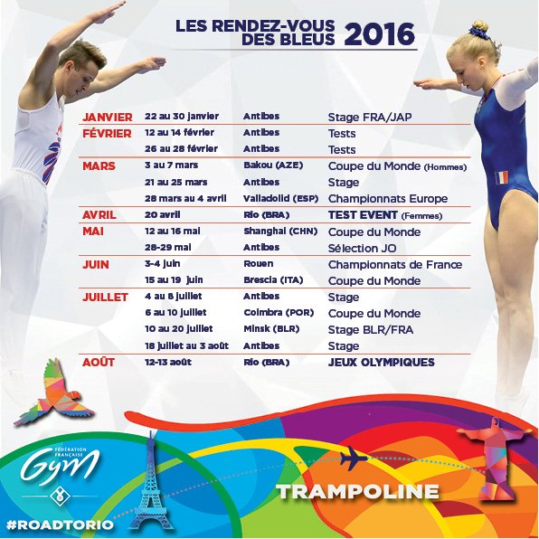ffgymnastique's tweet image. Les rendez-vous de l'Equipe de France de #trampoline cette saison #roadtorio #teamfrance