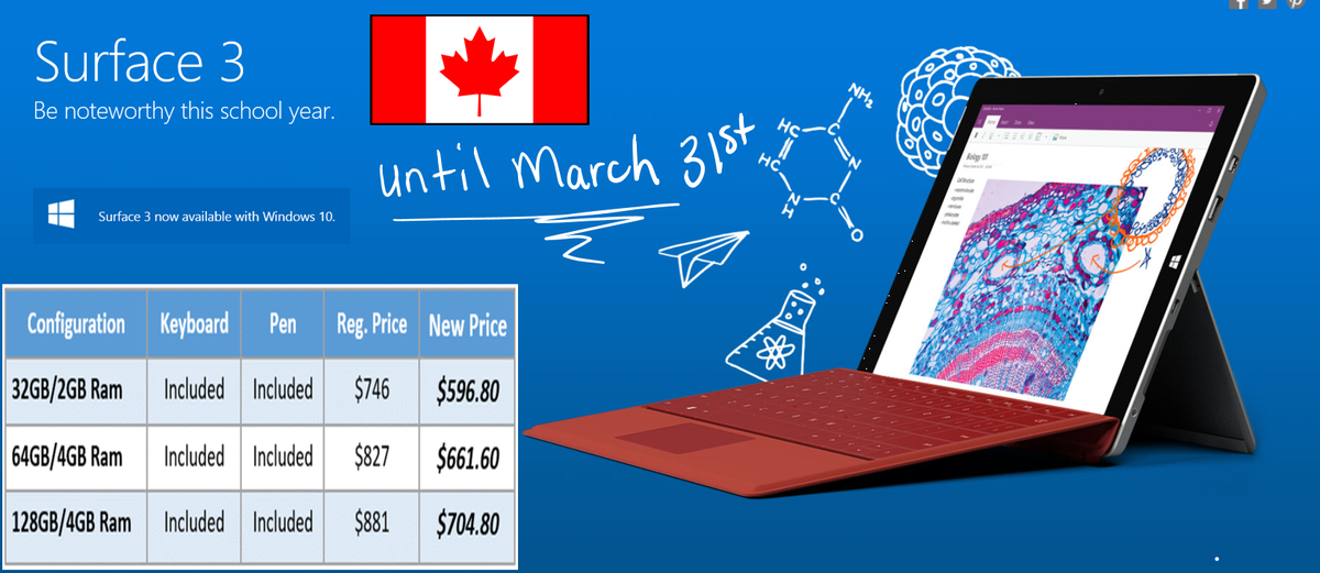 DustinJez's tweet photo. Surface3 Edu $ for Canadian classrooms! #devicematters pen, keyboard, touch, UDL get #productive #MSFTEdu #EdTech https://t.co/TPvjB61jFK