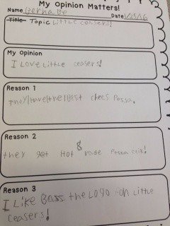 Writing about our opinions and one of <a href="/schoppet41/">Carrie Comincioli</a>'s student's chose <a href="/littlecaesars/">Little Caesars Pizza</a> as his favorite!  YUM! #d75learns
