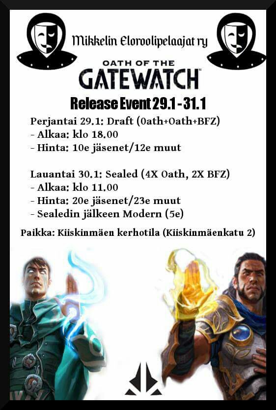 Miero_ry's tweet photo. Mikkelin Eloroolipelaajat ry järjestää Taikakorttipeliä Oath of The Gatewatch Release Event. Lisätietoa facebookissa https://t.co/TBQKek2vYi