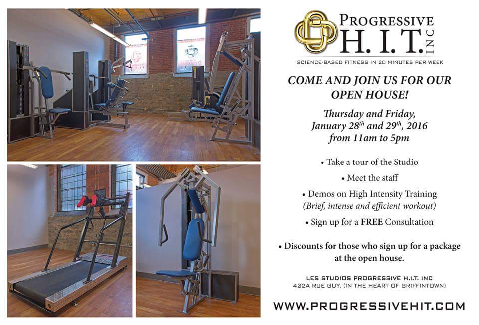 ProgressiveHIT's tweet image. Join us for our OPEN HOUSE: Thurs &amp;amp; Friday, Jan 28+29, 11am-5pm @ProgressiveHIT 422A rue Guy #Montreal #HIT #Fitness