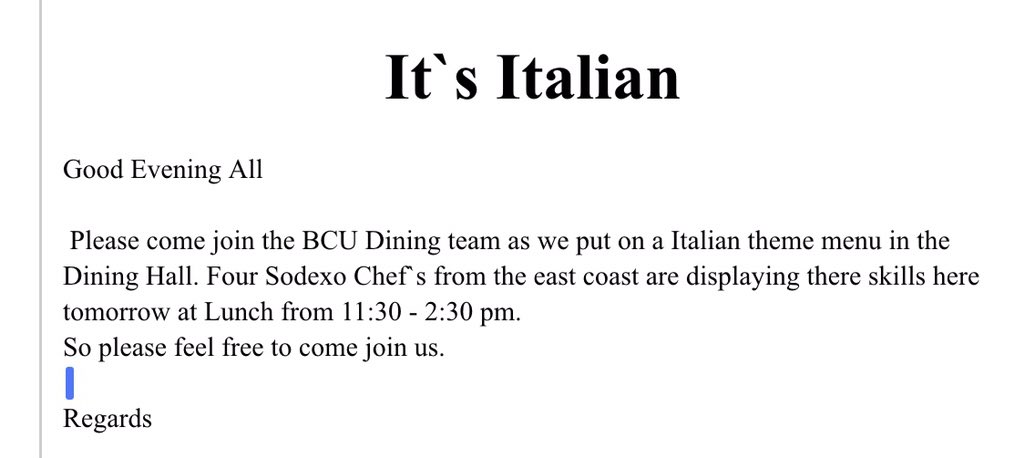 dr_mthompson's tweet photo. Wildcats ! The B-CU DINING HALL PRESENTS ... "IT'S ITALIAN" ! Tomorrow 11:30-2:30 🍝🍜🍲 #BCU https://t.co/QKlAlzAFQ5