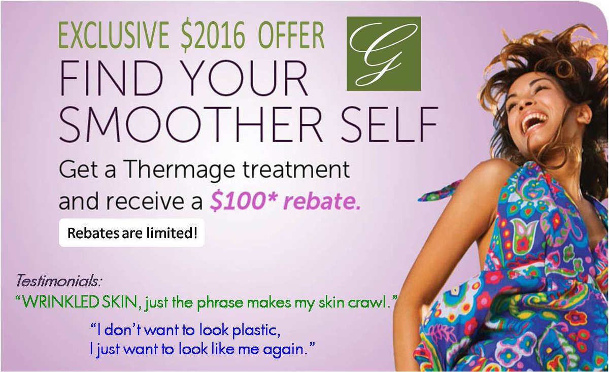 DavidGreenMD's tweet photo. $100 #Thermage rebates are available NOW! Free consultations @ 3019077250 or 4109746444 https://t.co/8YfMU8TQwA