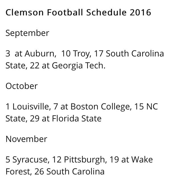 ClemsonUpdates's tweet photo. #Clemson 2016 Football Schedule #BackToTheNatty #Allin https://t.co/OJCOwEX0mI