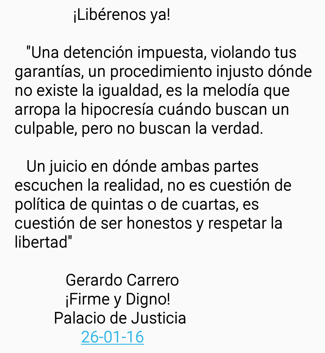 GerardoCarrero7's tweet photo. POR FAVOR RT! Hoy en la audiencia del INJUSTO JUICIO de mi hno,me pidió hiciera llegar este msj a Vzla. Majo Carrero https://t.co/2YcGzDvNlD