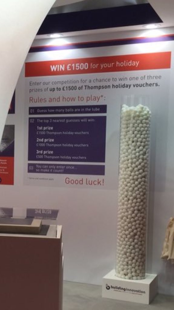 BuildingInnov's tweet image. Guess how many ping pong balls are in the tube for you chance to win holiday voucher #RCIShow2016 see you tomorrow.