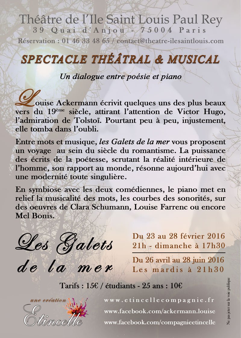 Les Galets de la mer : un dialogue entre poésie et piano.
Bientôt sur scène au théâtre de l'Ile Saint Louis !