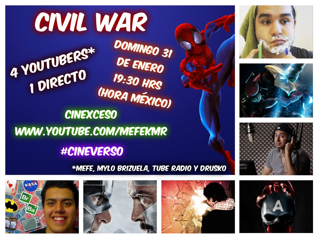 Drusko's tweet photo. CINEVERSO... Unidos nunca caeremos 👊 Este domingo hablaremos de #CivilWar @cinexceso_ @MyloBrizuela @Tuberadio985 https://t.co/ij9C94sKDu