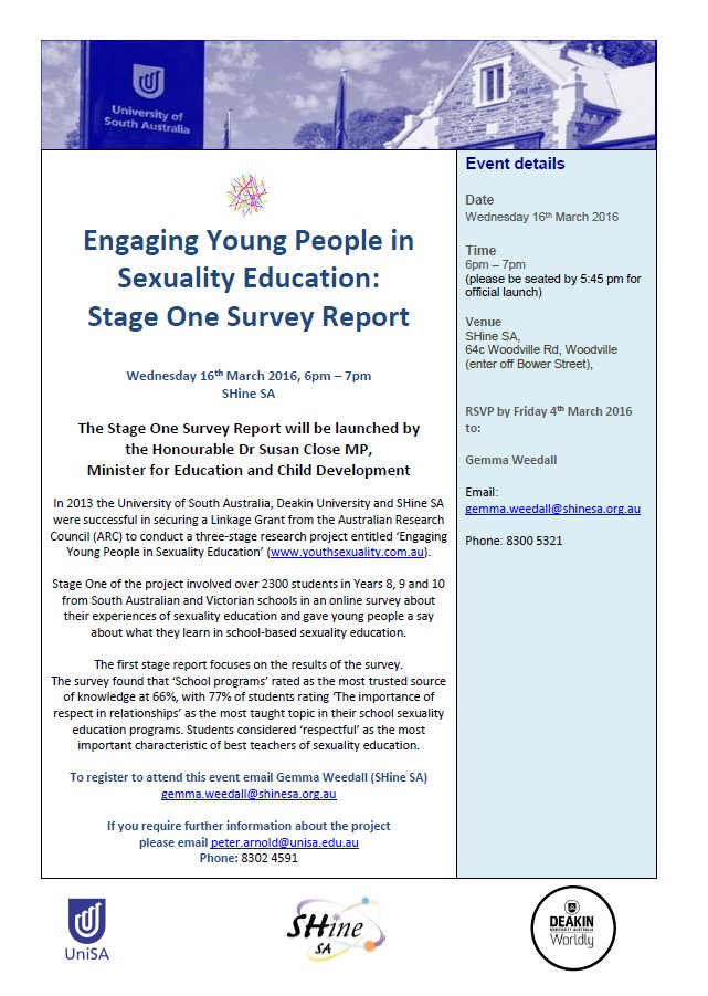 youthsexuality1's tweet photo. Our new report on young ppl’s experiences of #sexeducation in #school will be launched 16/3/16 @ SHine SA, Adelaide! https://t.co/P63lGs11dk