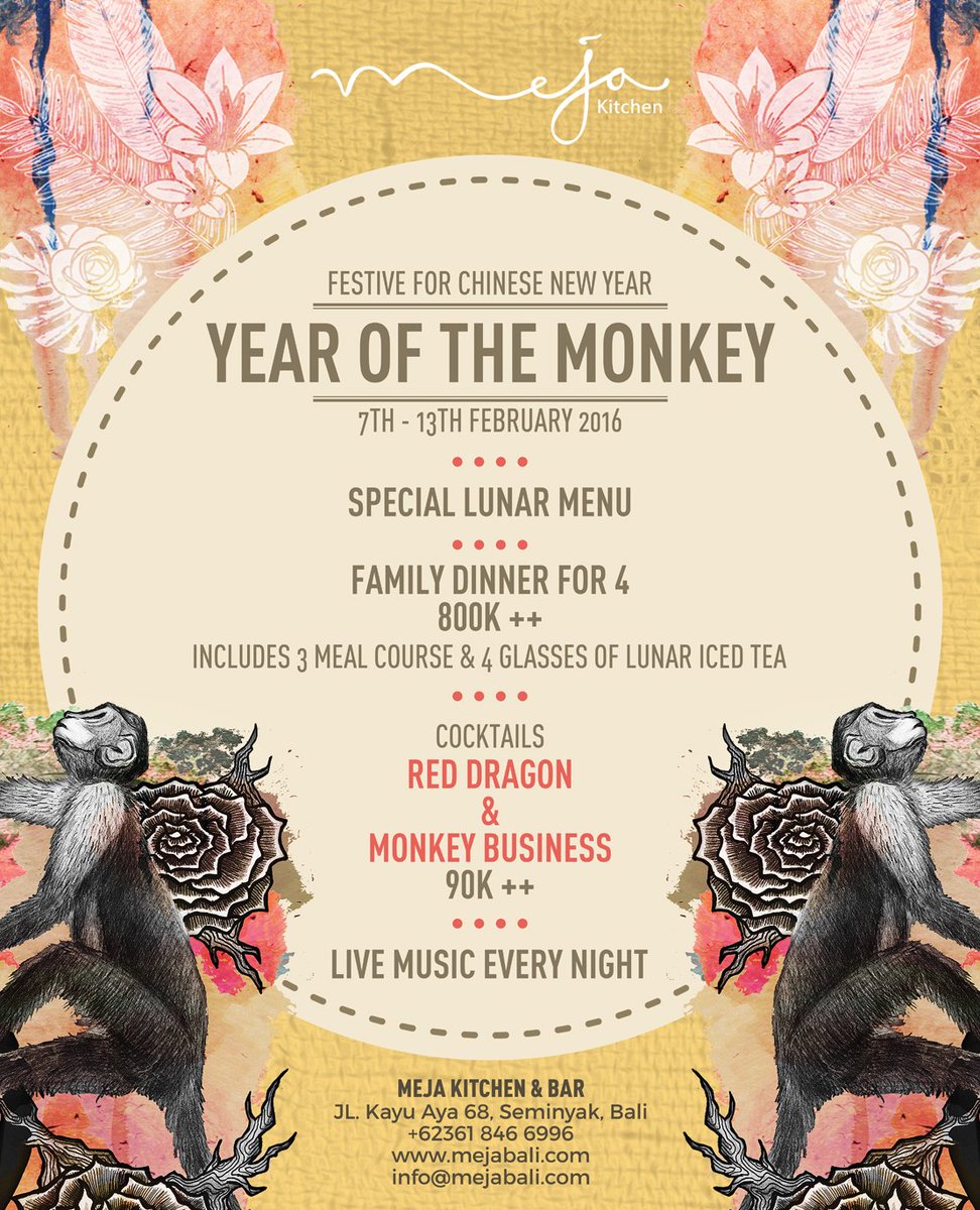 mejakitchenbar's tweet photo. "Year of The Monkey" - Festive for Chinese New Year - All kinds of delicacies. #MejaKitchenBar #ChineseNY #Bali https://t.co/j5Ch8pLzMJ