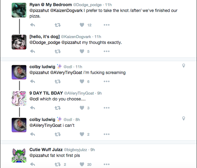 broderick's tweet photo. Dear @pizzahut, "knotting" is a term referring to dog erections that furries use to mean getting a boner. Sorry... https://t.co/X3O3kFK4UZ