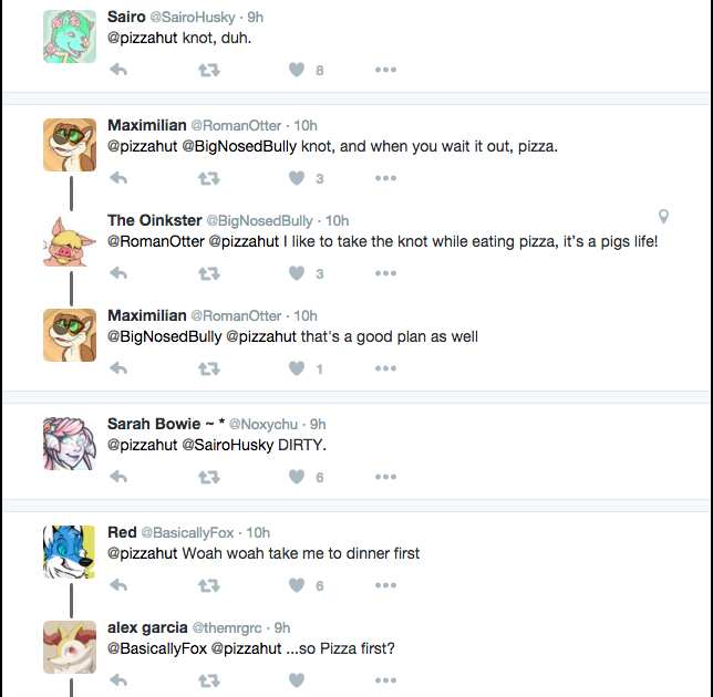 broderick's tweet photo. Dear @pizzahut, "knotting" is a term referring to dog erections that furries use to mean getting a boner. Sorry... https://t.co/X3O3kFK4UZ