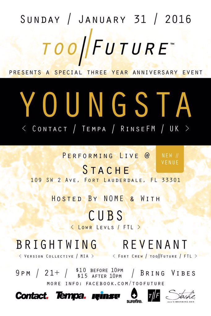 Announcing! New venue for <a href="/TOOFUTUREFL/">TOO//FUTURE</a> special 3 year anniversary show! This Sunday @stacheftl 🎉🎉 w/ @CubsDubstep