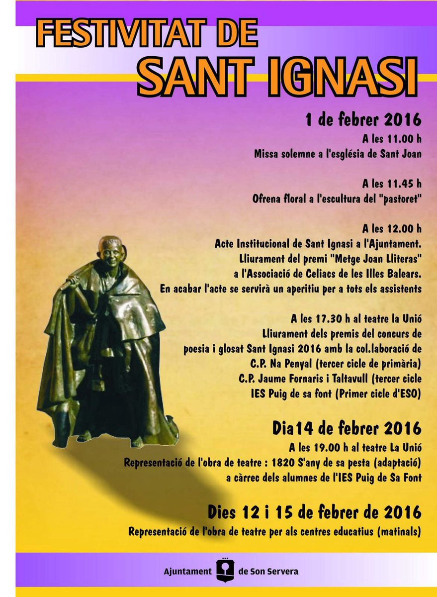 AJ_Son_Servera's tweet photo. Celebram #StIgnasi2016 la nostra festa + sentida. Consultau el programa i participau!! cc @Consellmallorca https://t.co/bEuXq5LyYk