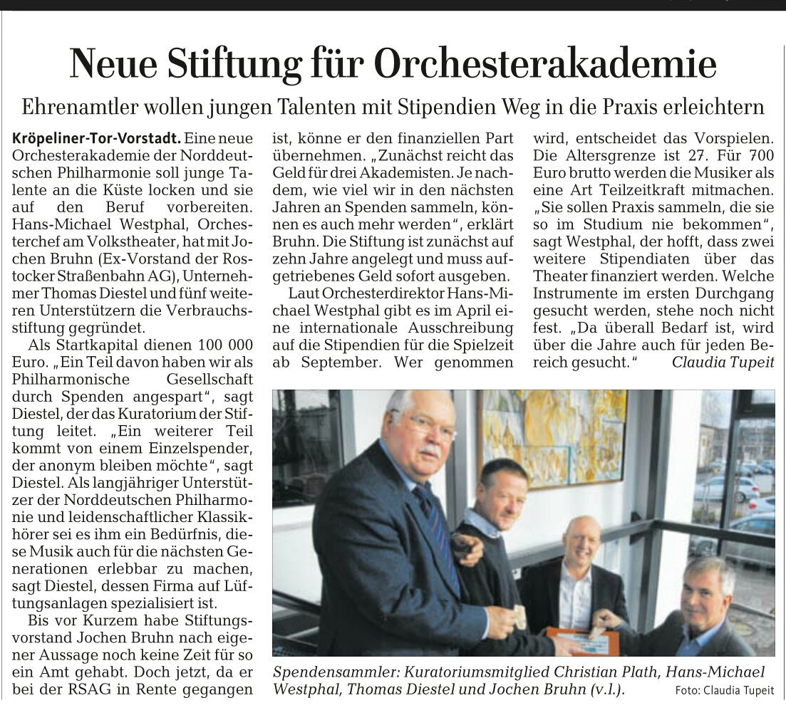 Die OZ berichtet über die Neugründung der Stiftung für Orchesterakademie der Norddeutschen Philharmonie Rostock: