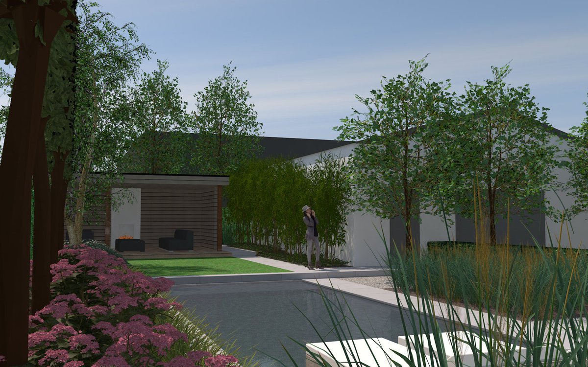 GertJanSchouwen's tweet image. Huidige situatie en 3D voorstelling van het tuinontwerp. Van een industrieterrein naar een groene oase met zwembad.