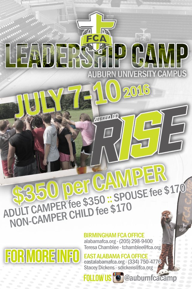 #SAVETHEDATE!
FCA LEADERSHIP CAMP at Auburn University 7/7-7/10!
7th - 12th grade. eastalabamafca.org/camps