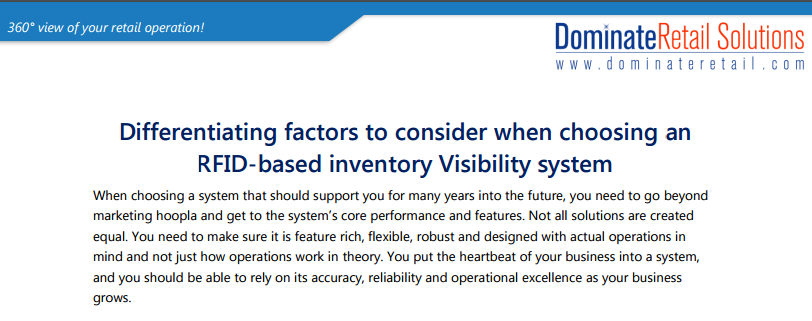 DominateRetail's tweet photo. Differentiating factors to consider when choosing an
#RFID based inventory Visibility system https://t.co/9tA6dU64cU https://t.co/TOMBpX590U