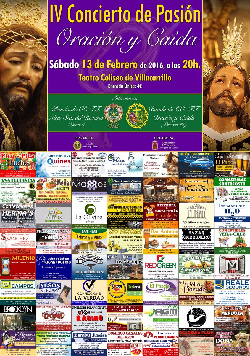 IV Concierto de Pasión Oración y Caida 13 de febrero de 2016,a las 20h Entrada 4€ @CtRsarioLinares y <a href="/OracionyCaido/">CC.TT OracionyCaida</a>.