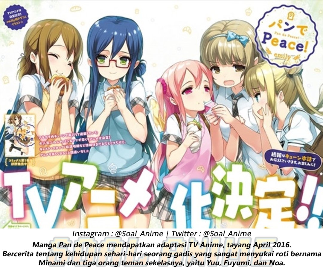 Soal_Anime's tweet photo. Manga Pan de Peace mendapatkan adaptasi TV Anime, tayang April 2016 https://t.co/53muUFKA7p https://t.co/wkKouSkkEi