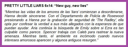 _PLL_Lovers_'s tweet image. #PLL #PLLSeAson6B Sinopsis del capítulo 6x14 de #PrettyLittleLiars, titulado "New guys, new lies":