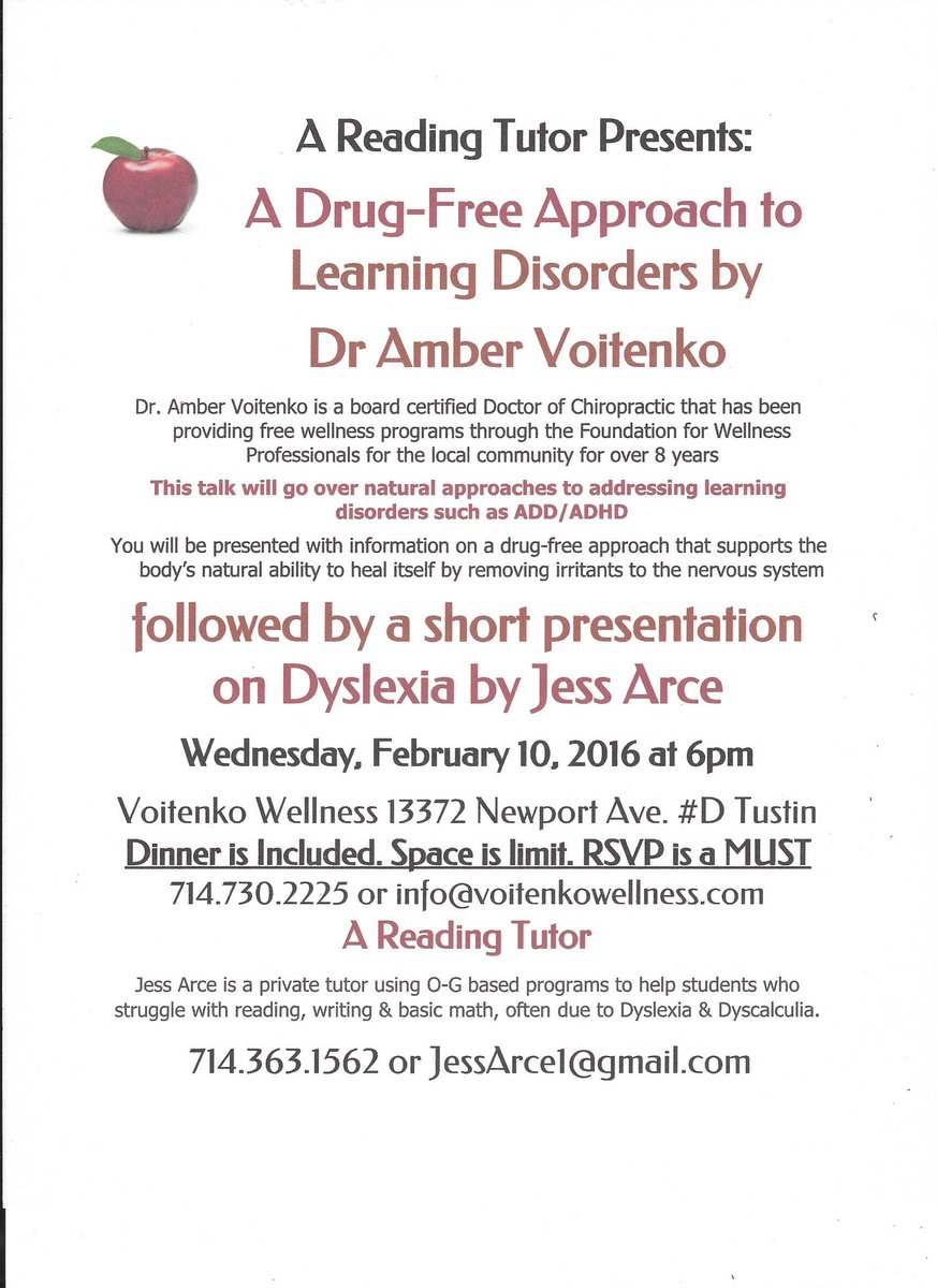 aReadingTutor's tweet image. Free presentation in #Tustin on #Dyslexia &amp;amp; #Natural Remedies for #ADD #ADHD Wed 2/10.Dinner included! Space limited