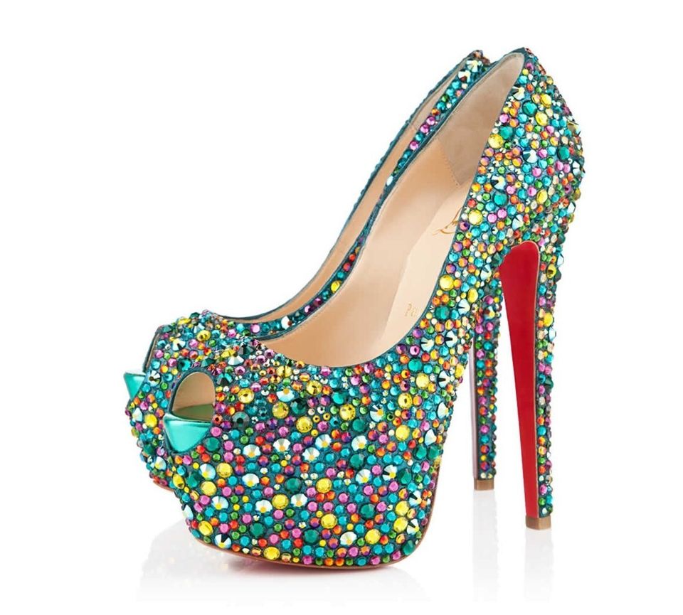 Bomsus is wearing Christian Louboutin HIGHNESS Strass 160 Multicolor Crystal Peep Toe Pumps what a KWEEN