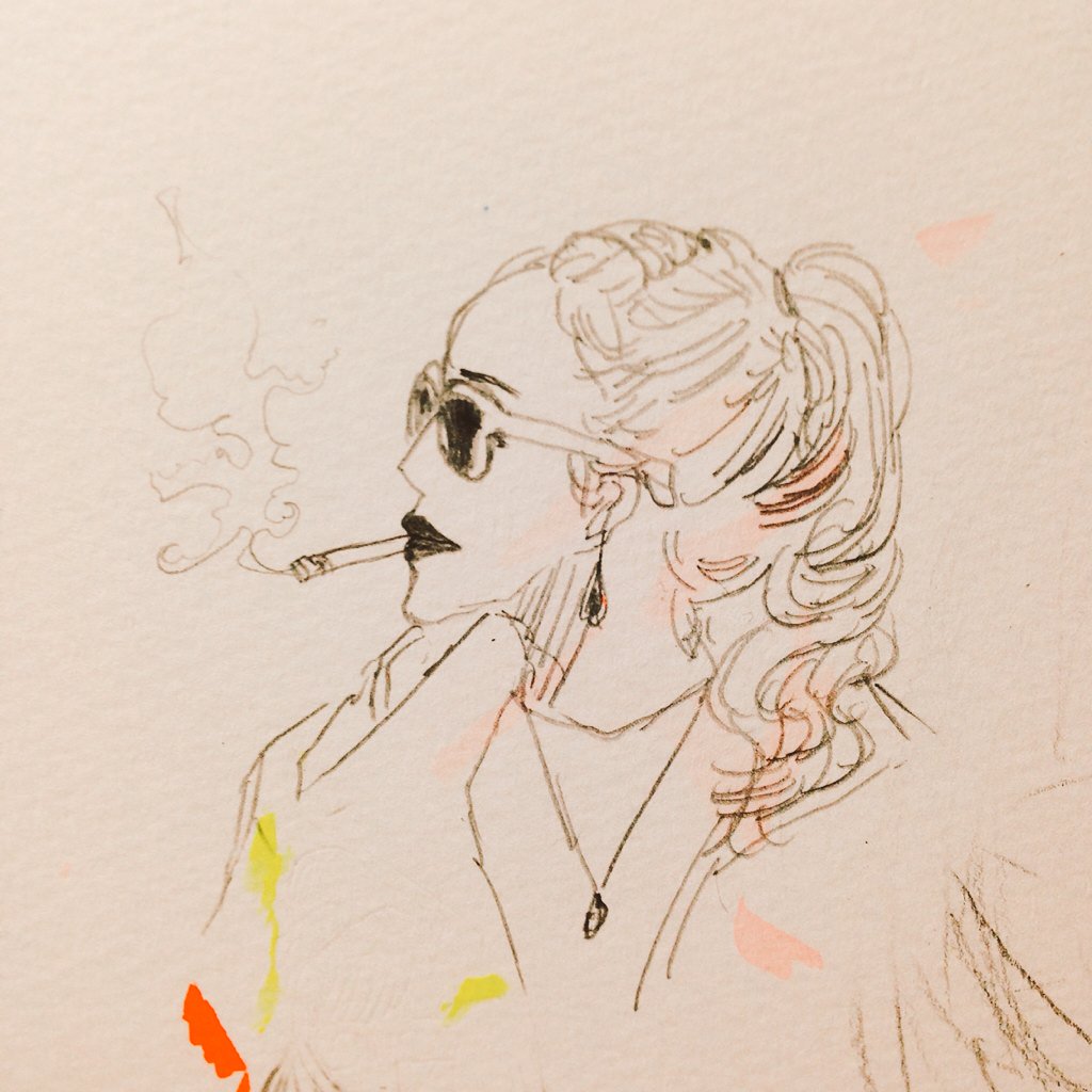 1girl solo sunglasses jewelry smoking traditional media ponytail  illustration images