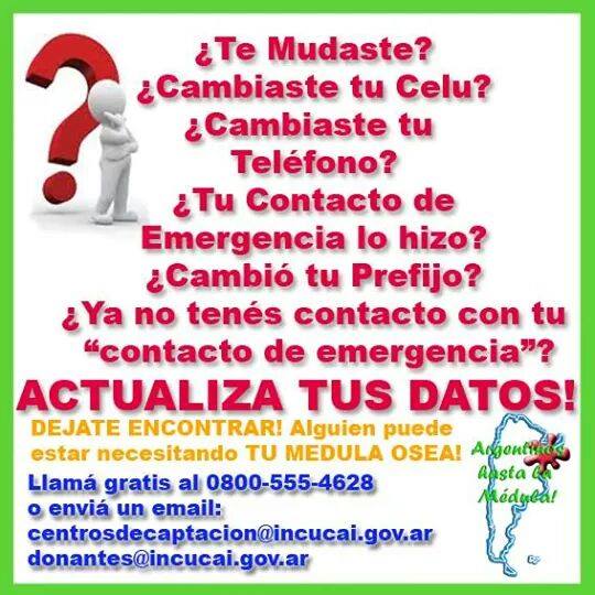 Es importante actualizar tus datos personales, asi es mas fácil encontrarte, Doná Medula Osea, Dá Vida!!!