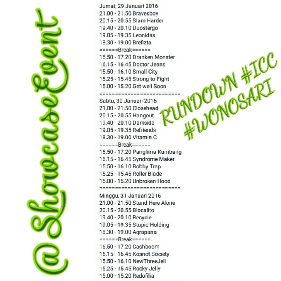 RUNDOWN ICC #WONOSARI
29-31 JANUARI 2016
AT GD. SERBAGUNA, WONOSARI, GK
HTM=
OPEN-18:00= 10RB
18:00-SELESAI= 15RB